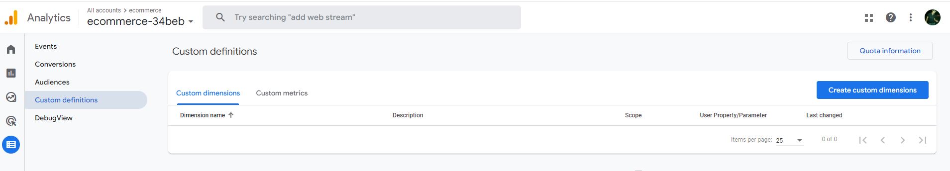 Custom dimensions register tab